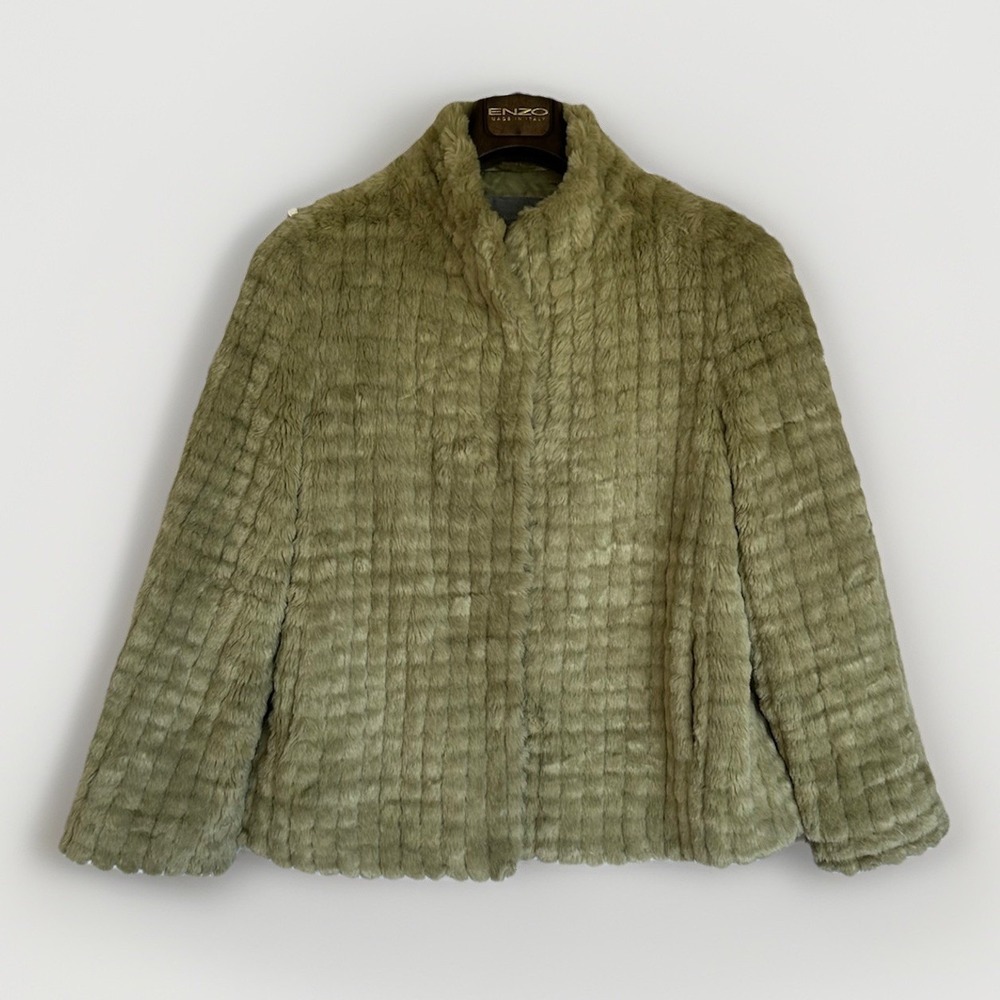 Paco Rabanne VTG Faux Fur Coat Jacket Green Satin Lining Mob Wife S/M 19" P-P